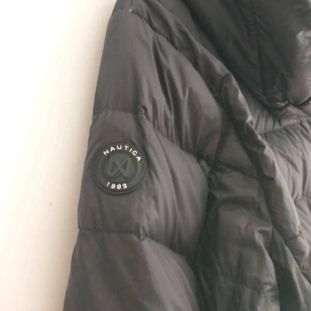 Nautica Puffer Jacket Mens M Black Outdoors Full Zip Quilted Hooded*READ